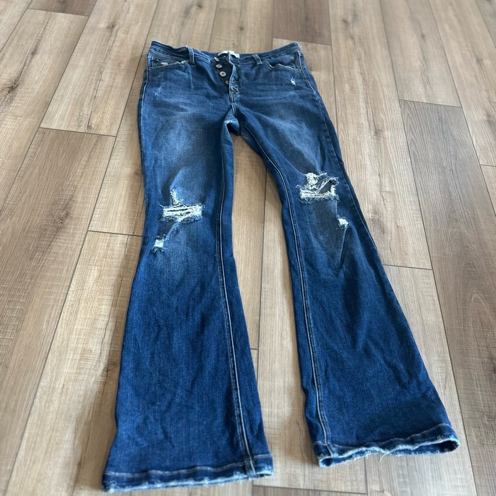 KanCan Medium Blue Distressed Flare Jeans
